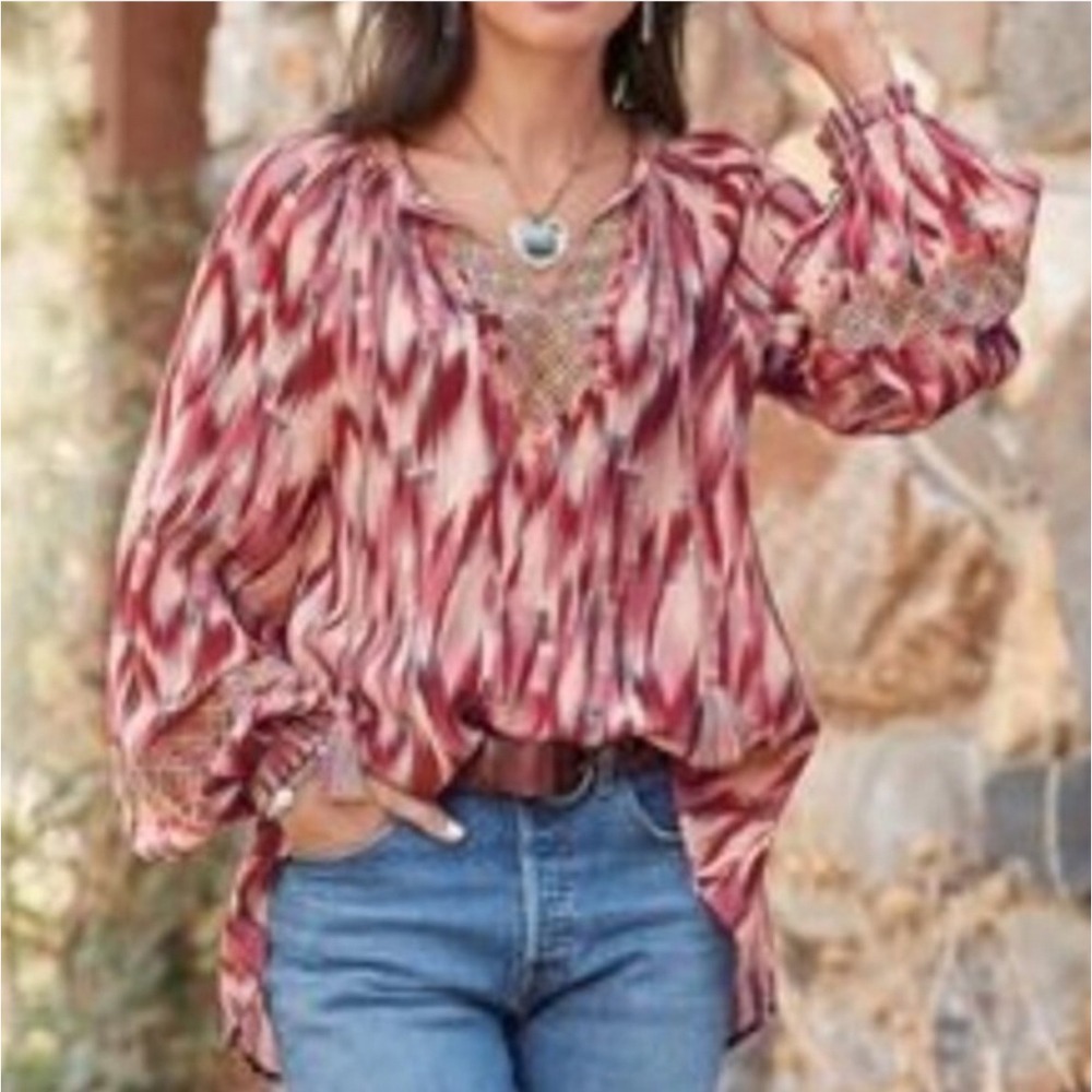 Sundance Distant Travels Boho Peasant Blouse Multico Embroidered Tassel Puff XL